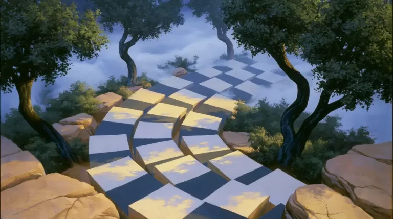 Impossible black and white checkered path winding through a quiet surreal forest.