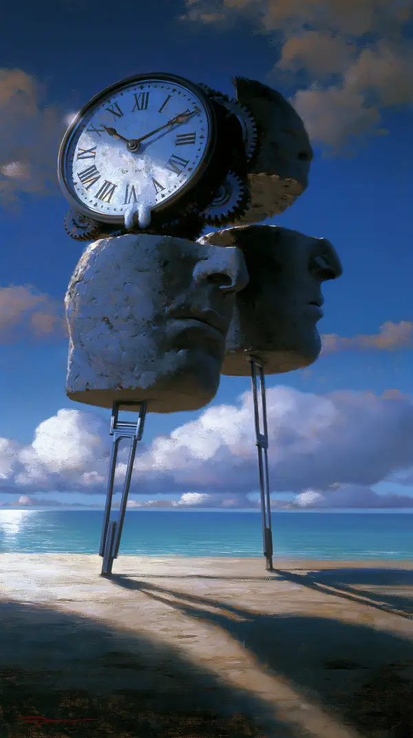 Two giant human heads stand on impossibly long stilts along a quiet shoreline while a mechanical clock with exposed gears rests above them beneath drifting clouds.