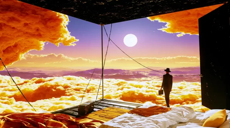 A dreamlike bedroom opening onto glowing clouds and a distant moon.