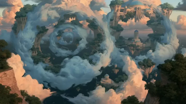A giant eye formed from swirling clouds above a surreal landscape.