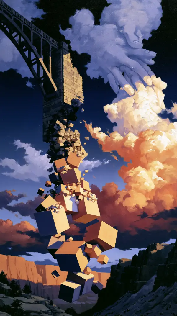 A surreal giant cloud hand crushes a stone bridge as floating cubes and crumbling ruins fall through the sky above a canyon.