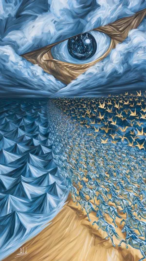 A surreal cosmic eye peers through swirling clouds above an origami ocean where folded birds and horses merge into a dreamlike shoreline.