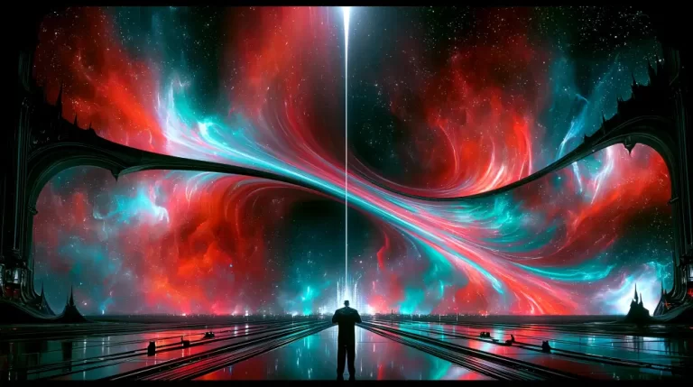 A lone figure facing a luminous cosmic gateway filled with colorful nebulae.