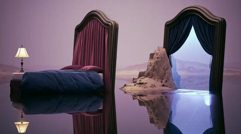 A surreal bedroom with towering doors opening onto a rocky landscape reflected in water.