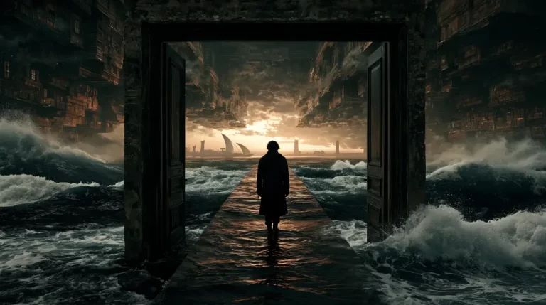 Lone figure standing before a dark doorway opening onto a stormy surreal sea.