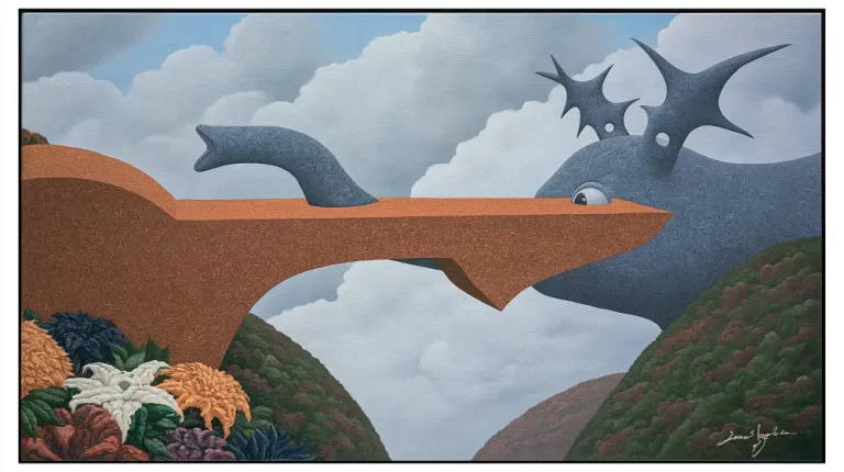 Surreal elephant-shaped bridge stretching across a green valley beneath dramatic clouds with a giant eye and dreamlike landscape.