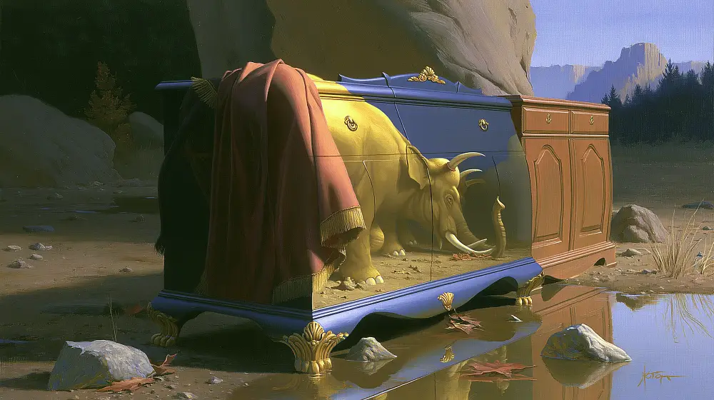 Surreal elephant cabinet with a lifelike elephant painted across its ornate wooden surface beside reflective water.