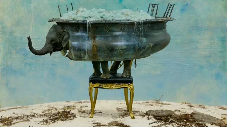 Surreal elephant cauldron hybrid standing on an ornate chair with overflowing metal vessel and impossible dreamlike design.