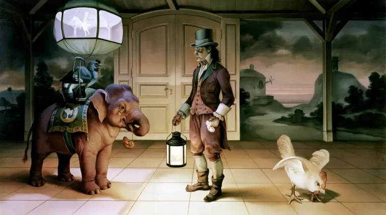 A surreal traveler standing beside a fantastical elephant inside a dreamlike station.