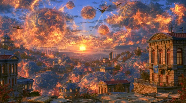 Surreal city burning under a cosmic sky filled with planets, meteors, and glowing fire.