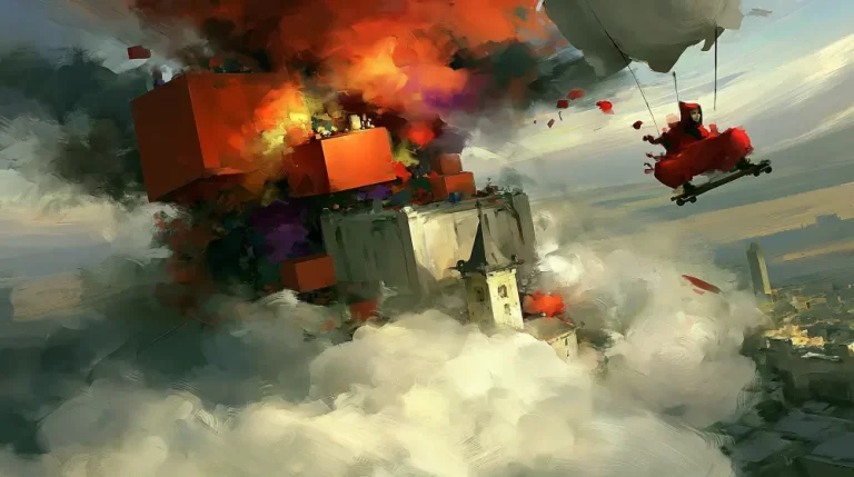 Surreal floating red blocks exploding with fire and smoke above a cloudy landscape.