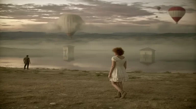 A child watching floating balloons and mysterious structures across a misty plain.