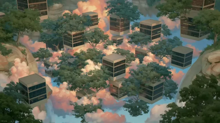 Surreal city blocks floating among clouds and greenery in a dreamy aerial landscape.