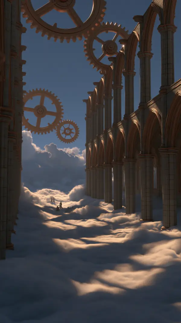 A surreal Gothic colonnade rises above a sea of clouds while enormous floating gears drift through the sky, creating an impossible dreamlike landscape.