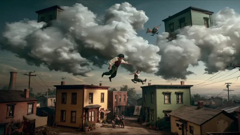 Houses resting on giant clouds above a quiet town.