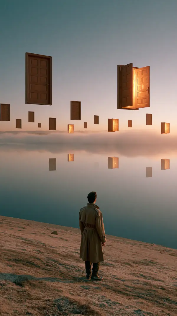 A lone person stands beside a still lake as glowing floating doors hover above the water, some open and others closed, reflected in the mirror-like surface.