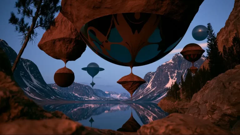 Floating islands suspended above a reflective canyon landscape.