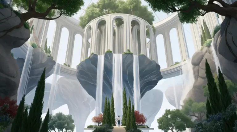 White surreal temple with columns, floating stone forms, waterfalls, and tall cypress trees.