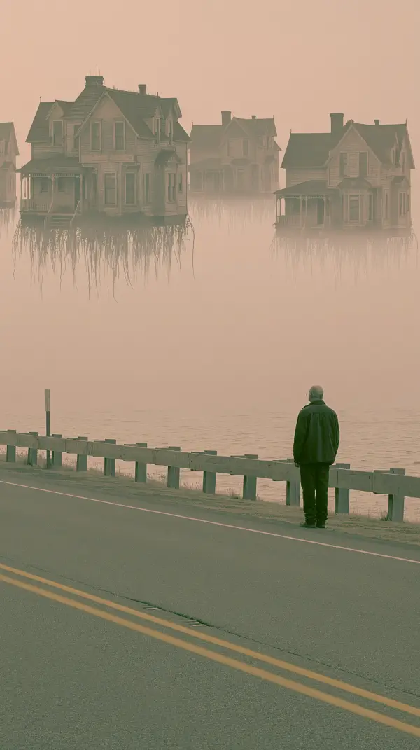A lone person stands beside a quiet roadside, watching Victorian houses suspended in the mist with long roots hanging beneath them above the water.
