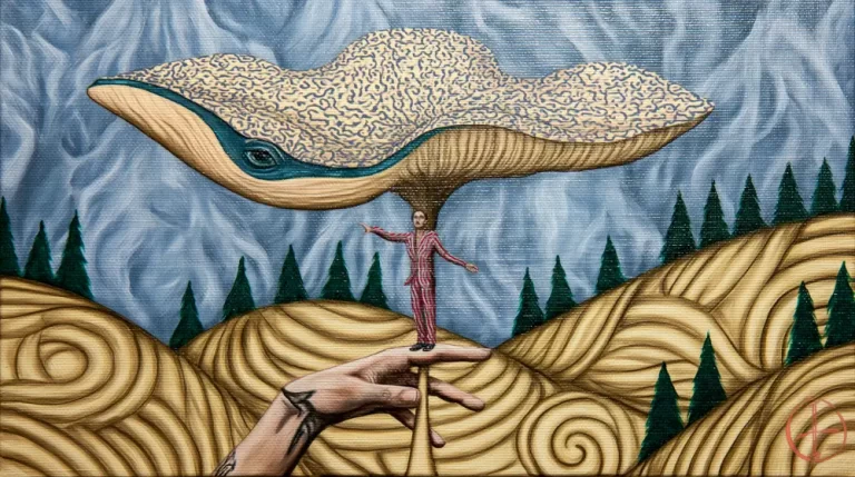 Floating whale-shaped cloud above surreal patterned hills.