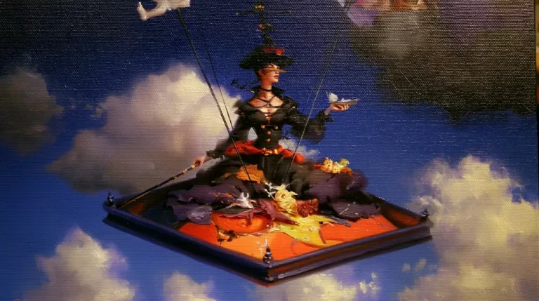 Surreal witch-like woman sitting on a floating carpet above dark clouds with glowing objects around her.