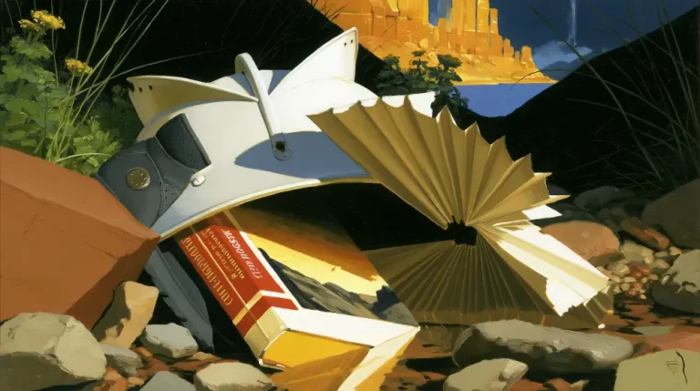 Abstract surreal landscape with folded paper forms and a distant glowing city.