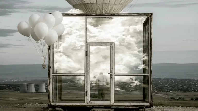 A transparent glass doorway standing in an open landscape beside white balloons.
