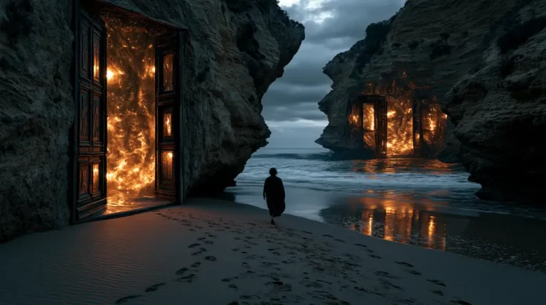 Dark surreal sea cave with glowing doors in the rock and a lone figure walking on the shore.