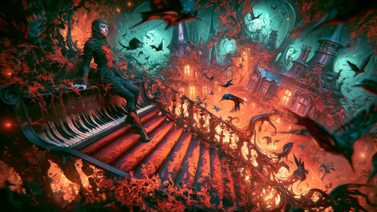 Surreal haunted stairway with gothic buildings, twisted crimson trees, black birds, and a solitary figure in a dreamlike landscape.
