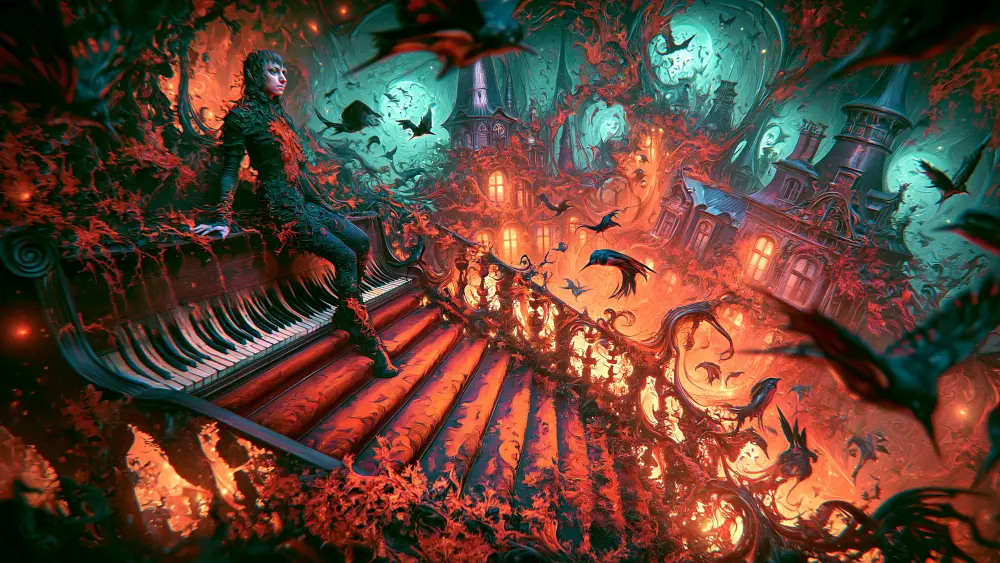 Surreal haunted stairway with gothic buildings, twisted crimson trees, black birds, and a solitary figure in a dreamlike landscape.