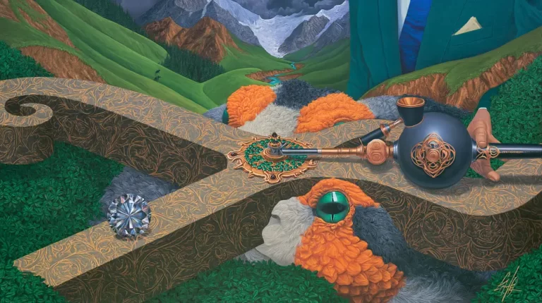 Surreal hidden figures landscape with symbolic faces, mysterious artifacts, a partially visible man, and a dreamlike mountain valley.