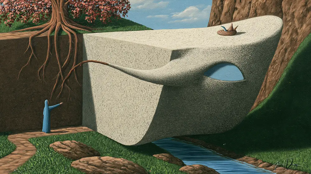 Surreal living bridge shaped like a giant face with a blue eye, tree roots, and a bridge spanning a narrow stream.