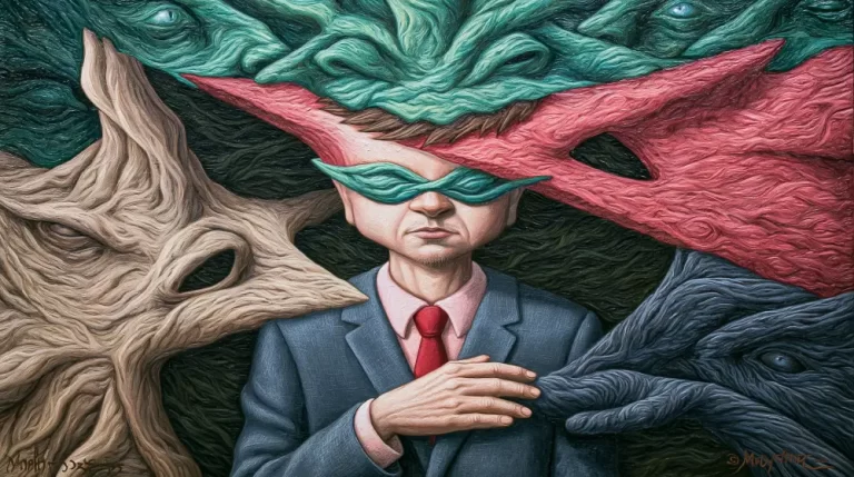 Portrait of a surreal man wearing green glasses beside twisted trees.
