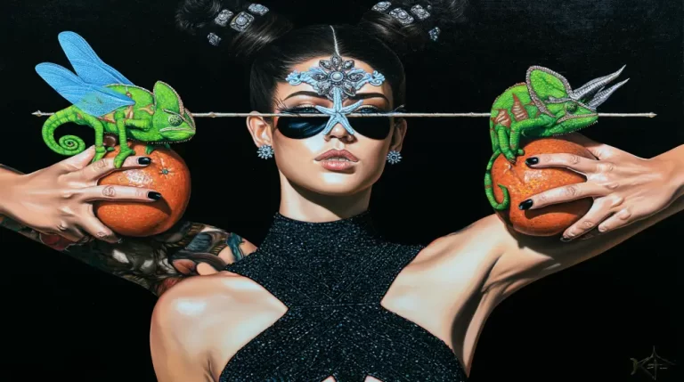 Surreal woman wearing futuristic glasses while hands hold colorful masks beside her face.