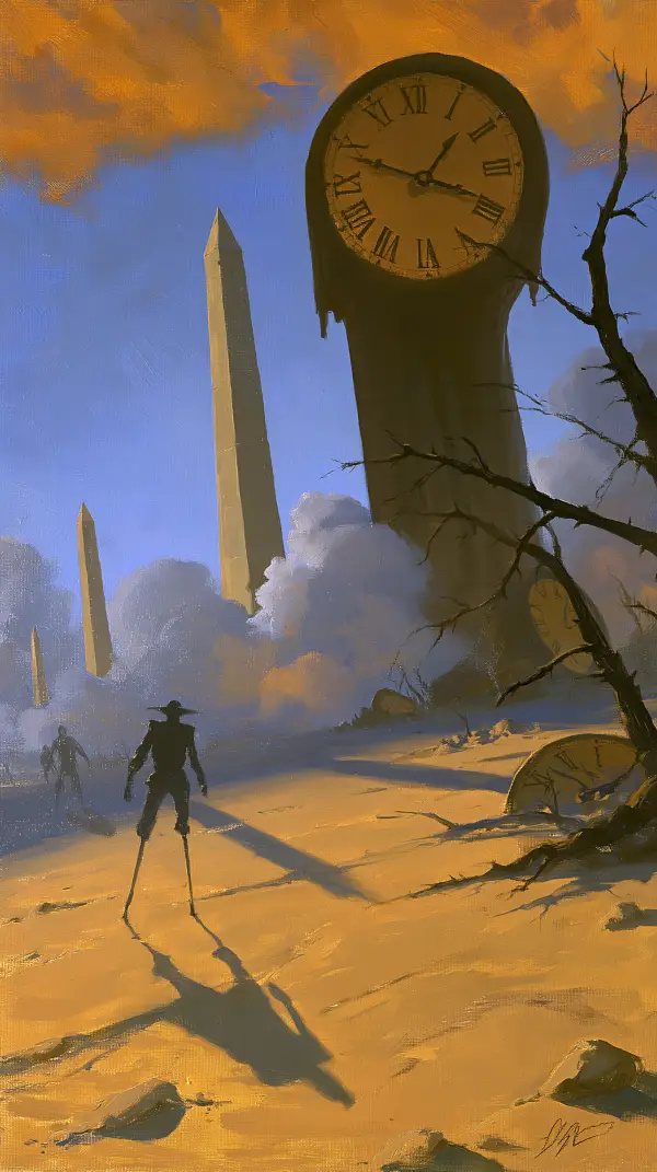 A surreal desert landscape with towering melting clock monuments, ancient obelisks, barren trees, and elongated shadowy figures beneath dramatic clouds.