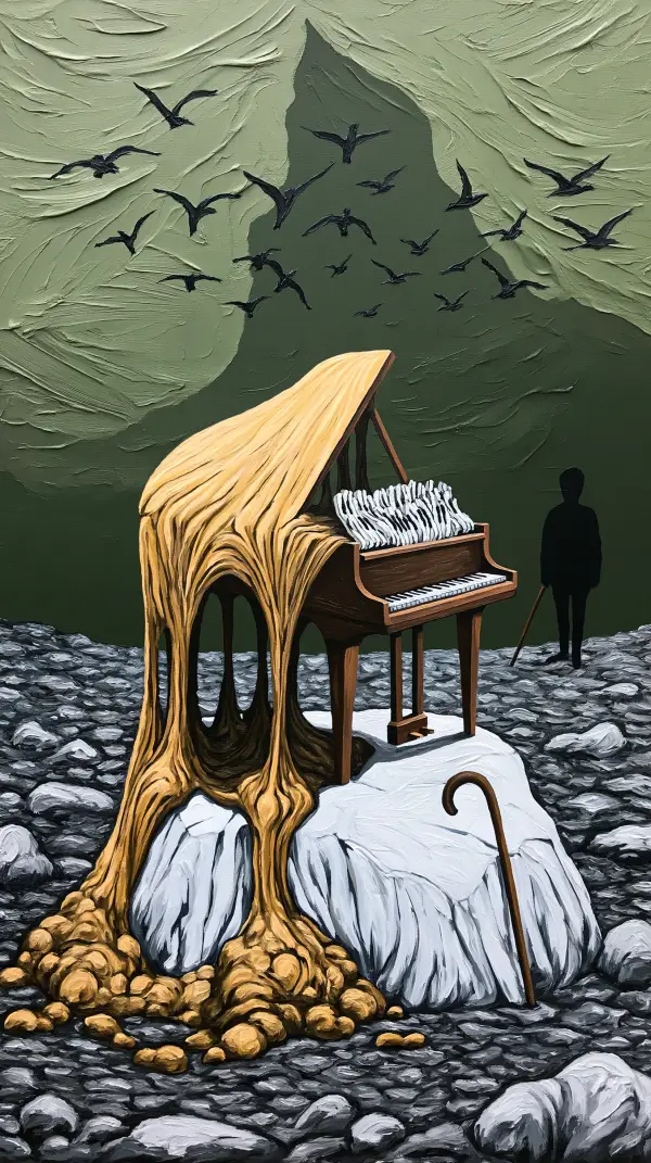 A surreal piano melts over a white stone pedestal while black birds circle overhead and a shadowy figure stands in the distance with a cane.
