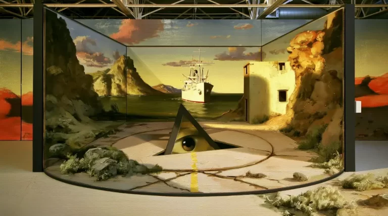 Surreal miniature landscape displayed inside a curved stage box with railroad tracks and painted scenery.