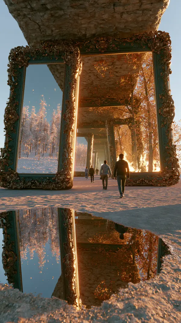 People walk among towering ornate mirrors where one reflection reveals a snowy forest while another opens onto a sunlit autumn woodland beneath a floating stone ceiling.
