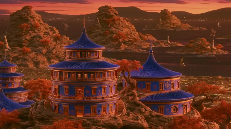 Surreal temple complex with blue pagoda roofs beside a lake in a glowing mountain landscape.