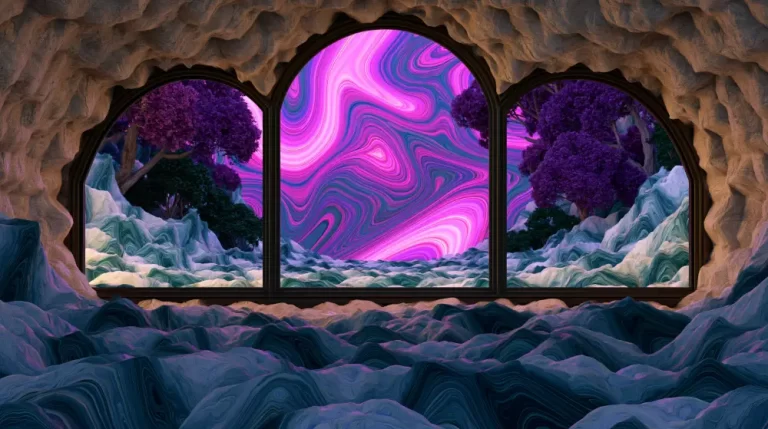 Three cave windows revealing a vivid pink and purple cosmic nebula beyond the rocky interior.