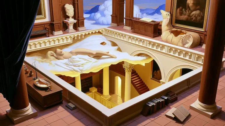 Surreal architectural courtyard revealing impossible interior spaces.