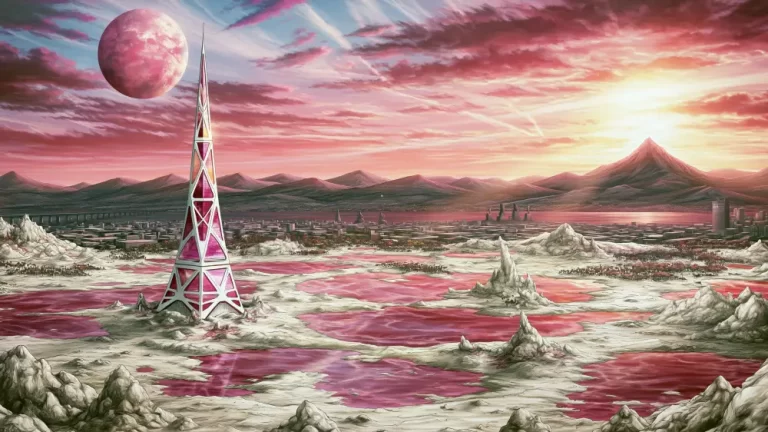 Surreal valley with a tall tower, pink landscape, floating planet, and glowing sky.