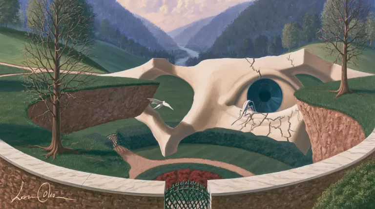 Surreal white skull-shaped garden structure set in a mountain valley with trees and water.