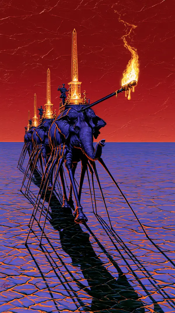A procession of surreal elephants walks on impossibly long stilt-like legs across a cracked plain, carrying glowing obelisks and a blazing torch beneath a crimson sky.