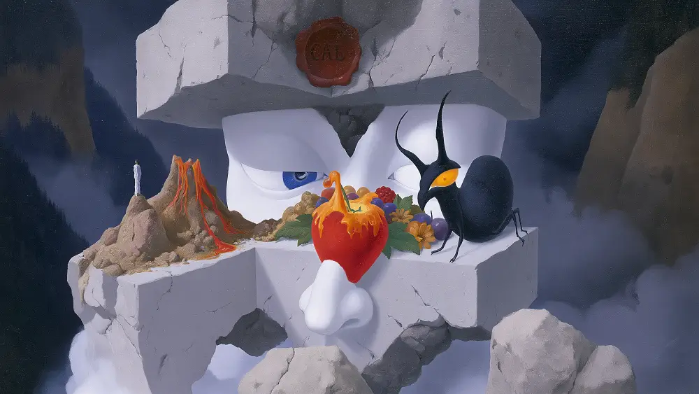 Surreal stone face with hidden landscapes, fruit, a volcano, giant insect, and symbolic dreamlike details.