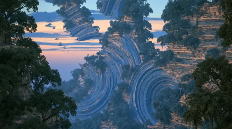 Surreal forest valley with layered blue terraces bending like waves through the trees.