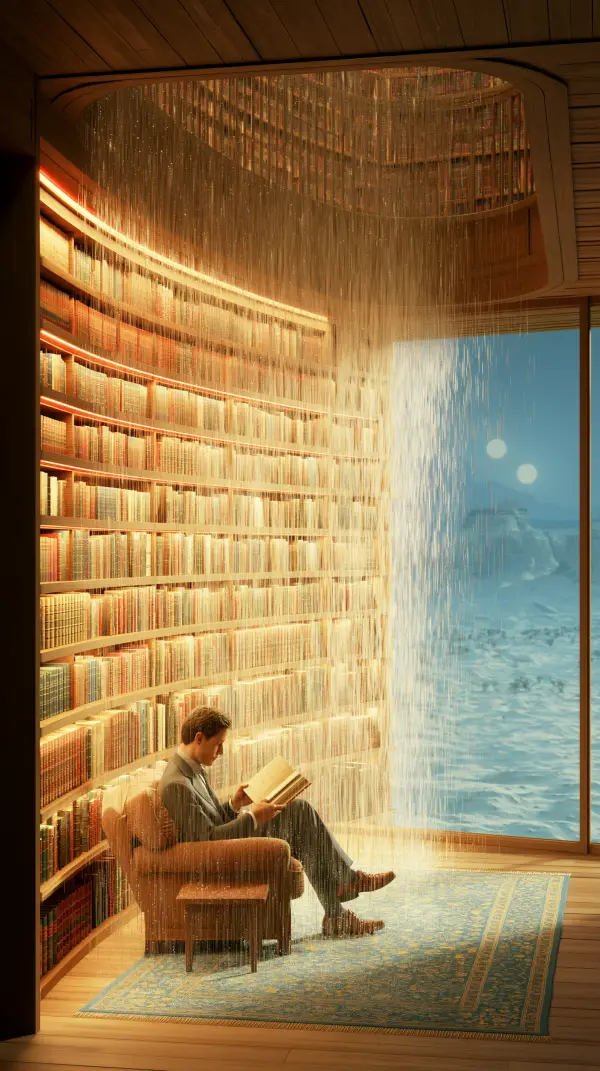A person reads inside a circular library where a glowing waterfall of light descends from the ceiling beside endless bookshelves and a snowy landscape beyond the window.