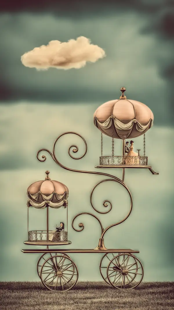 A whimsical surreal tree-shaped carriage supports two ornate carousel platforms where tiny figures sit beneath decorative canopies, while a single cloud floats overhead.