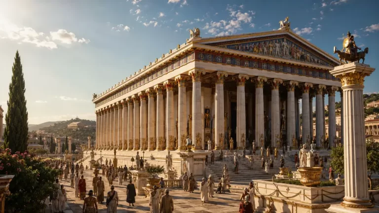 The Temple of Artemis at Ephesus with towering columns, statues, visitors, and bright sunlight over the ancient sanctuary.