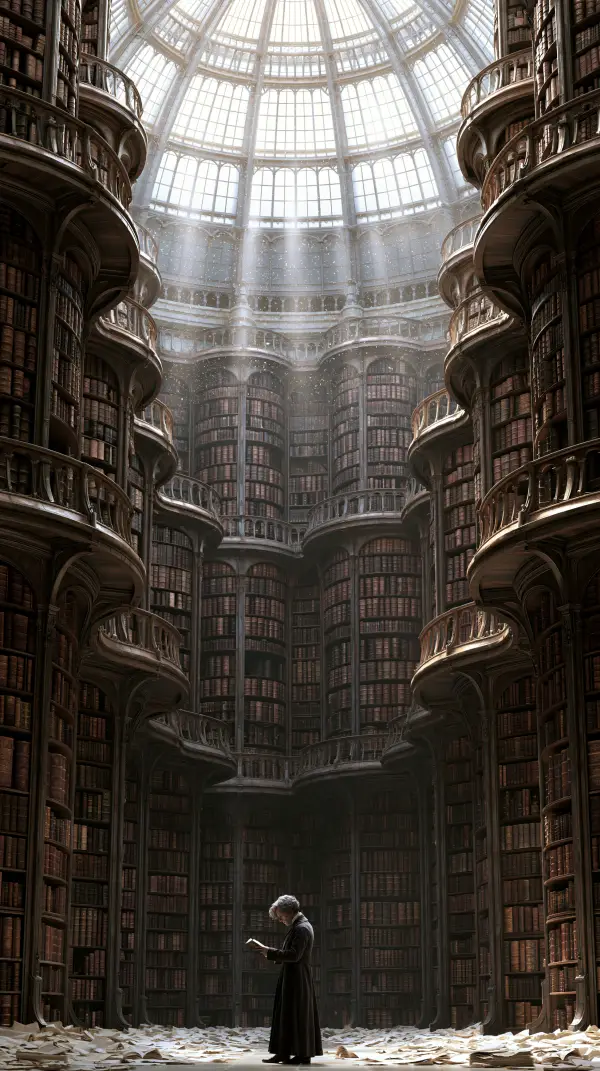 A solitary scholar stands beneath towering circular bookshelves inside a magnificent fantasy library crowned by a vast glass dome.
